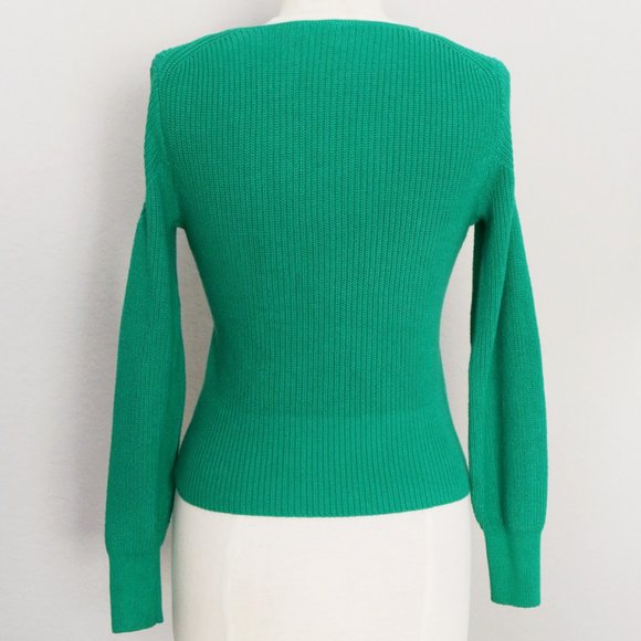 Anthropologie Moth Liza Surplice V Neck Faux Wrap Sweater Kelly Green Ribbed XSP - Picture 9 of 15